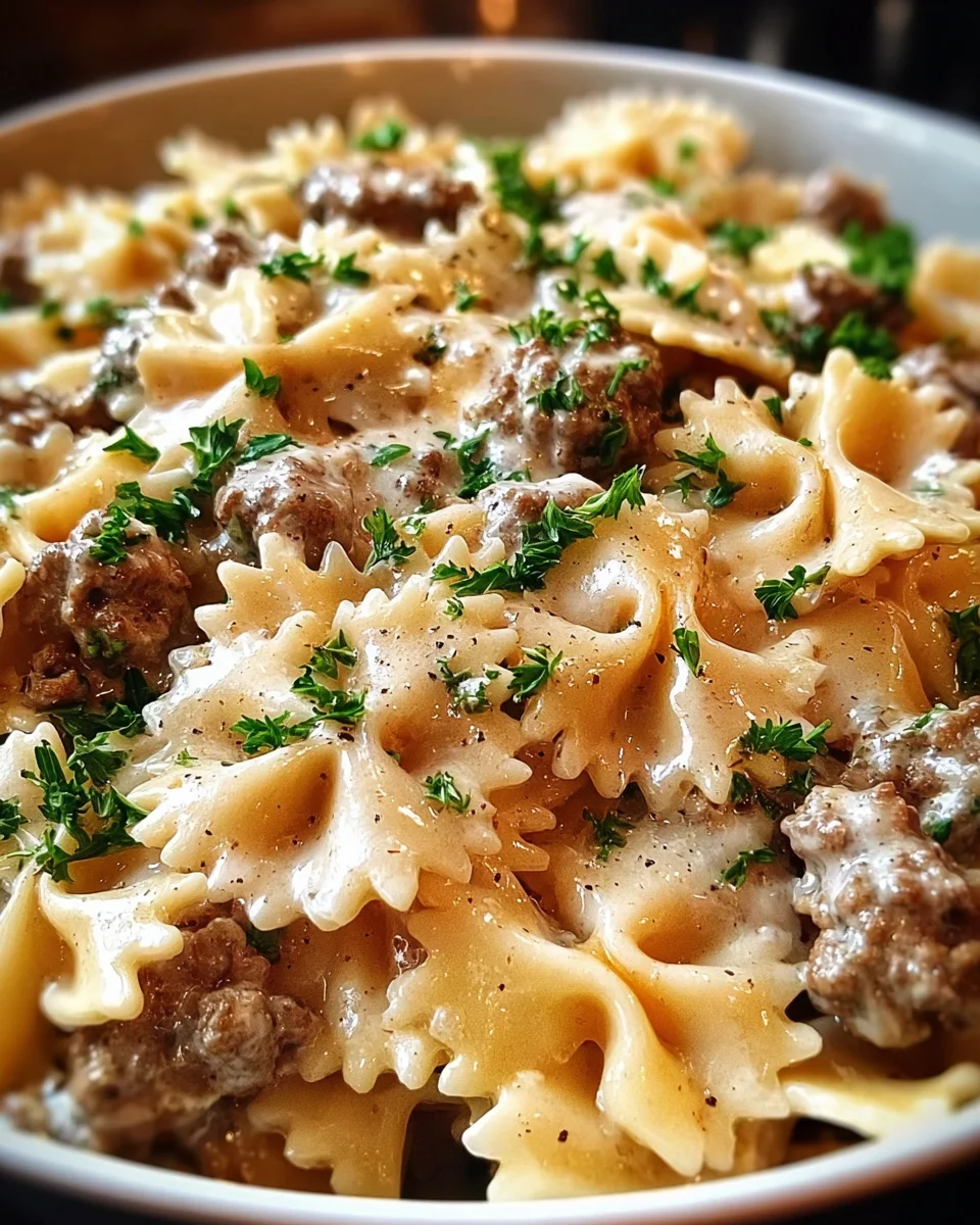 Beef and Bowtie Pasta with Alfredo Sauce