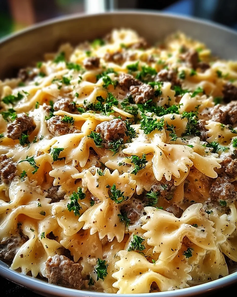 Beef and Bowtie Pasta with Alfredo Sauce 21 Beef