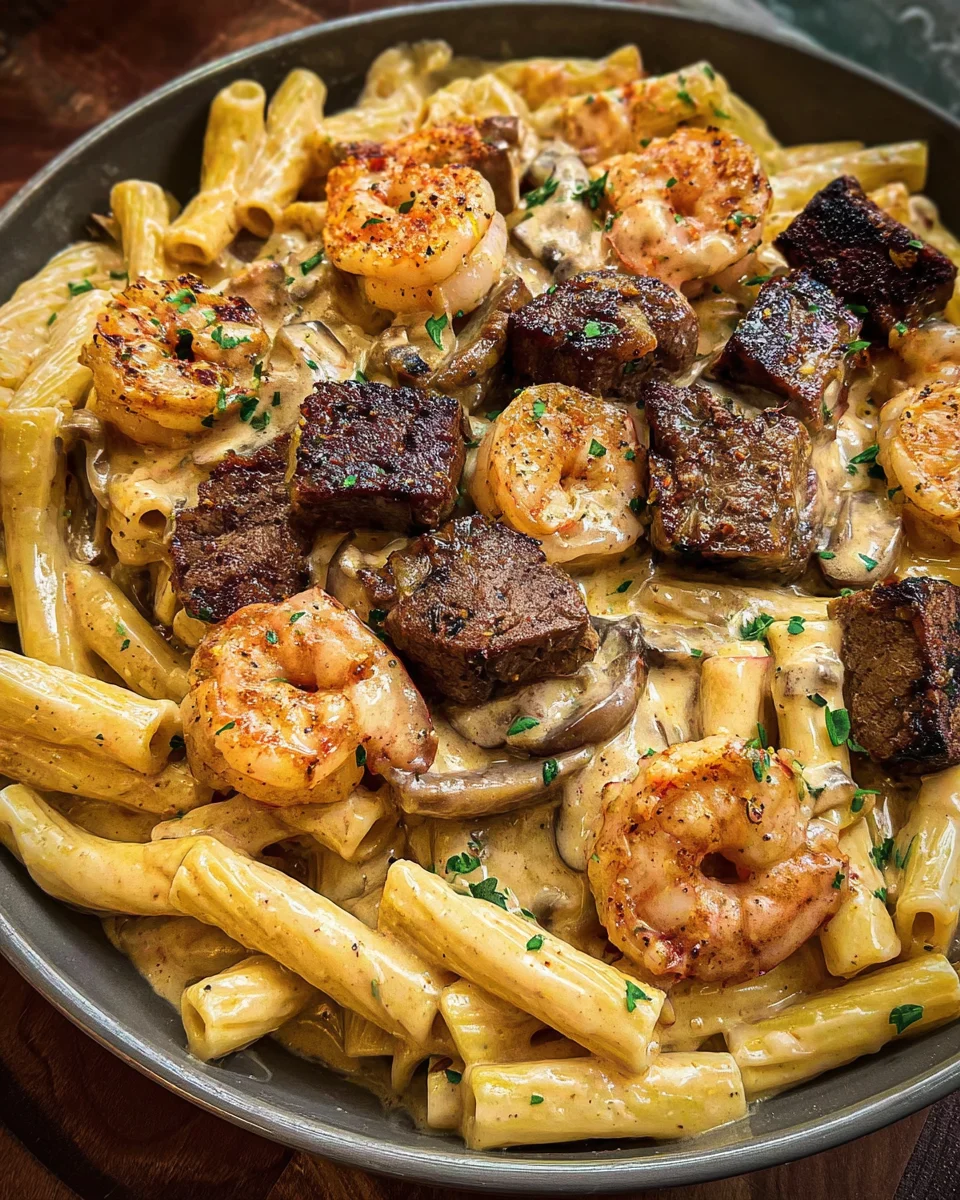 Blackened Steak and Shrimp Alfredo