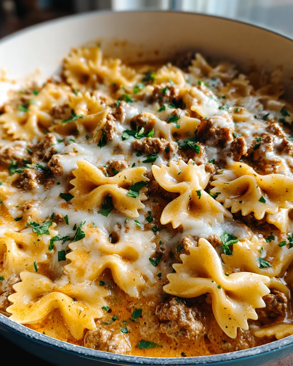 Cheesy Beef and Bowtie Pasta in Garlic Butter