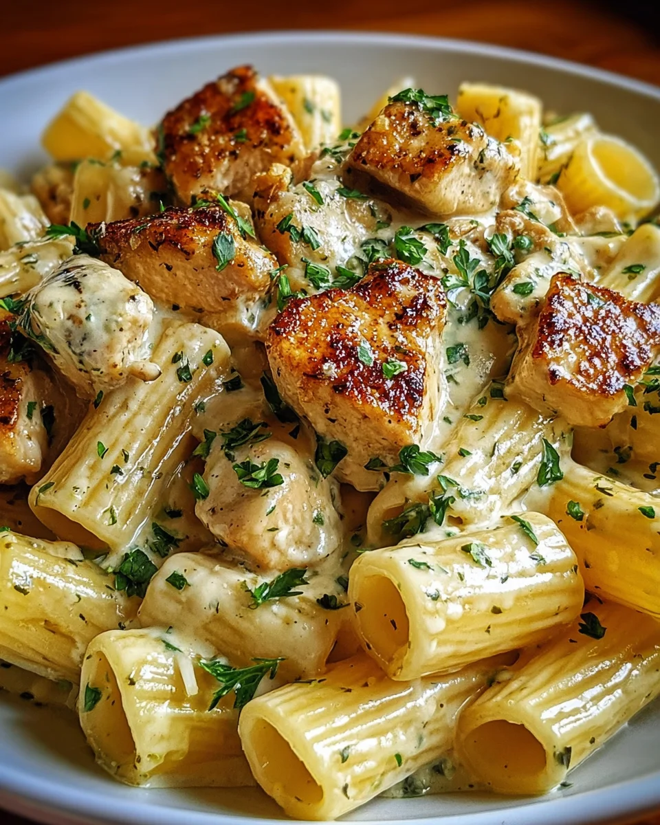 Creamy Garlic Butter Chicken and Rigatoni in Parmesan Sauce