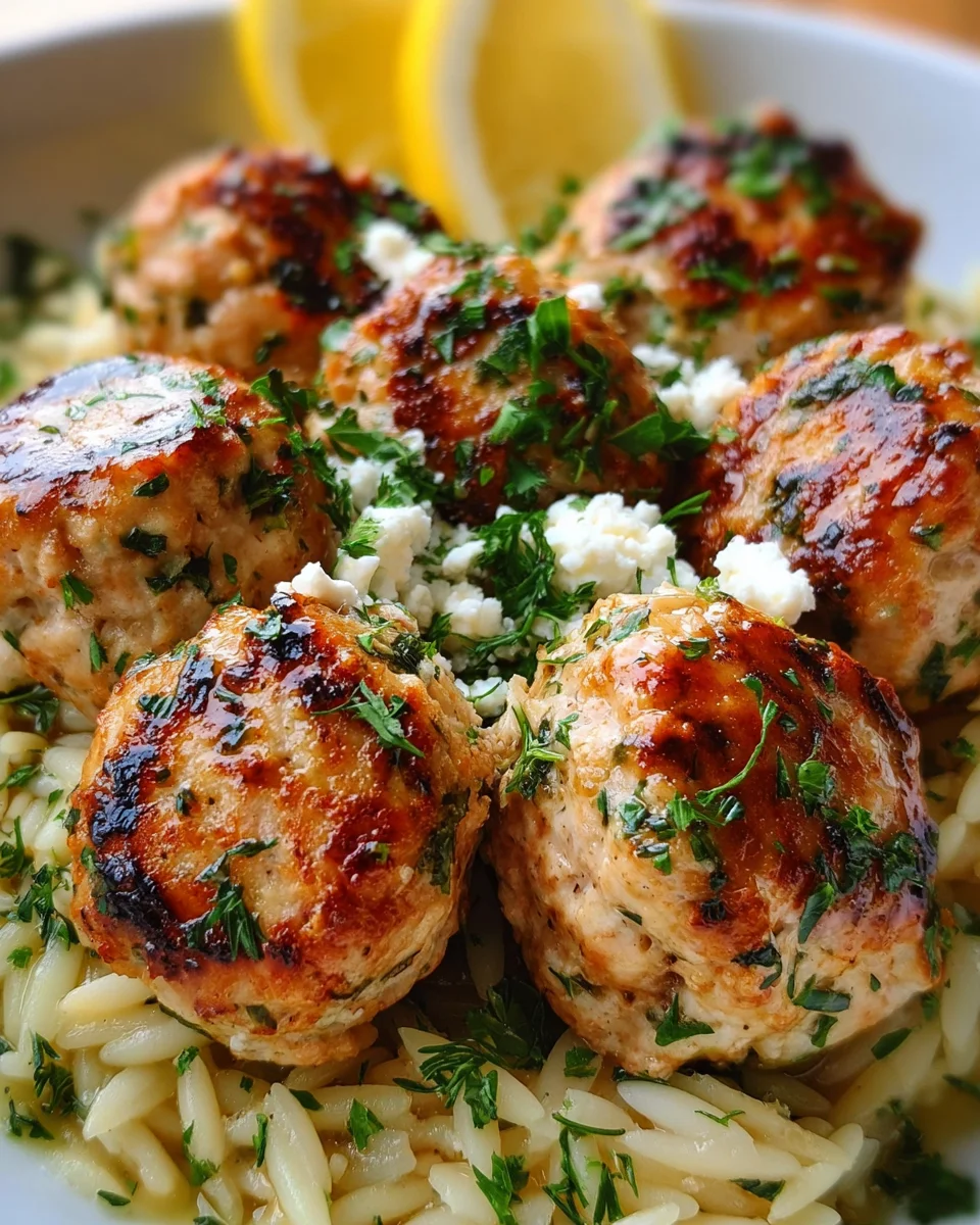 Greek Chicken Meatballs with Lemon Orzo