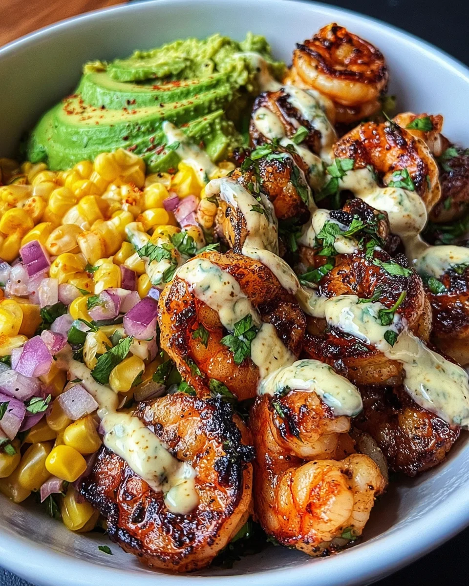 Grilled Shrimp Bowl with Avocado, Corn Salsa & Creamy Garlic Sauce