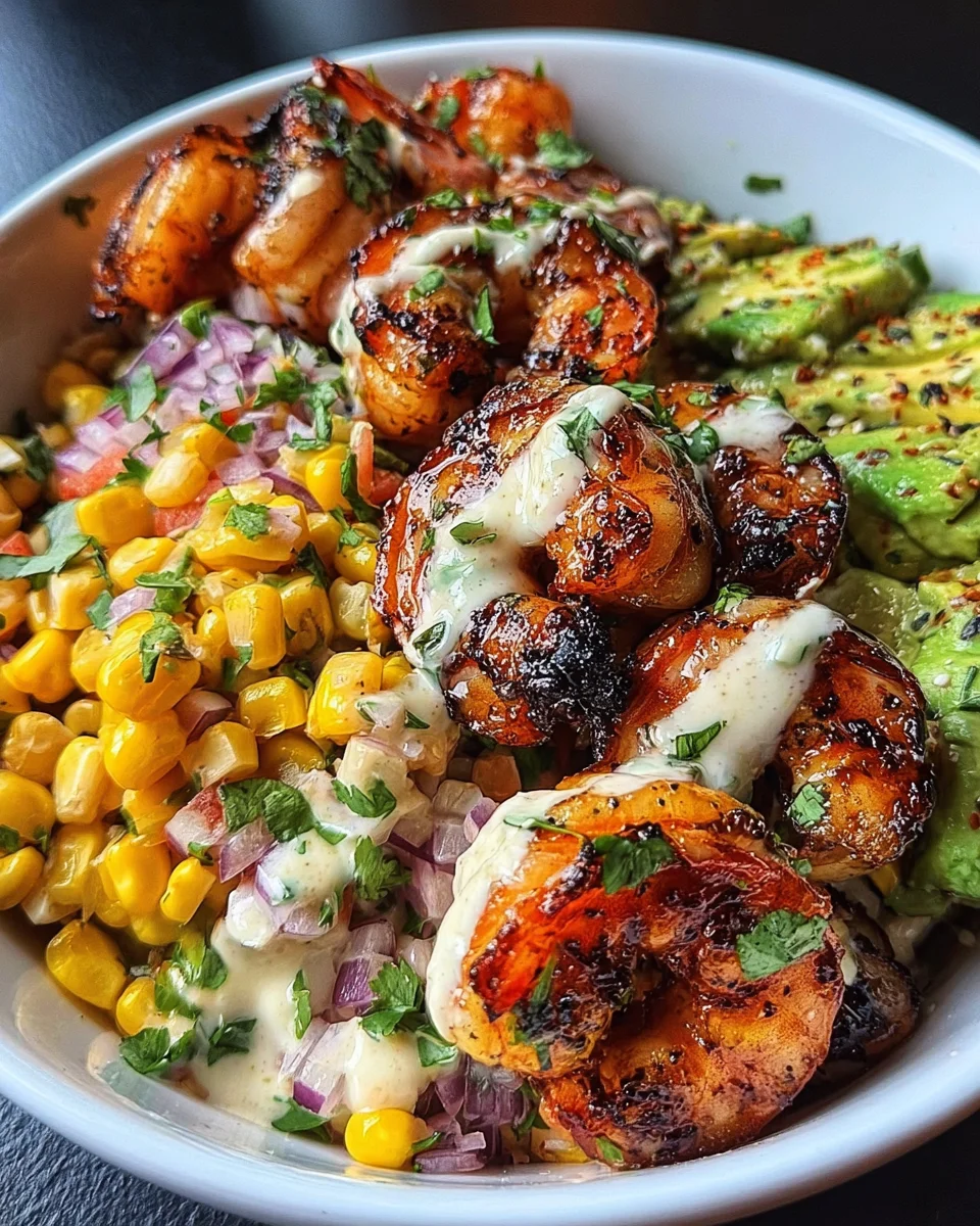 Grilled Shrimp Bowl with Avocado, Corn Salsa & Creamy Garlic Sauce 32 Grilled