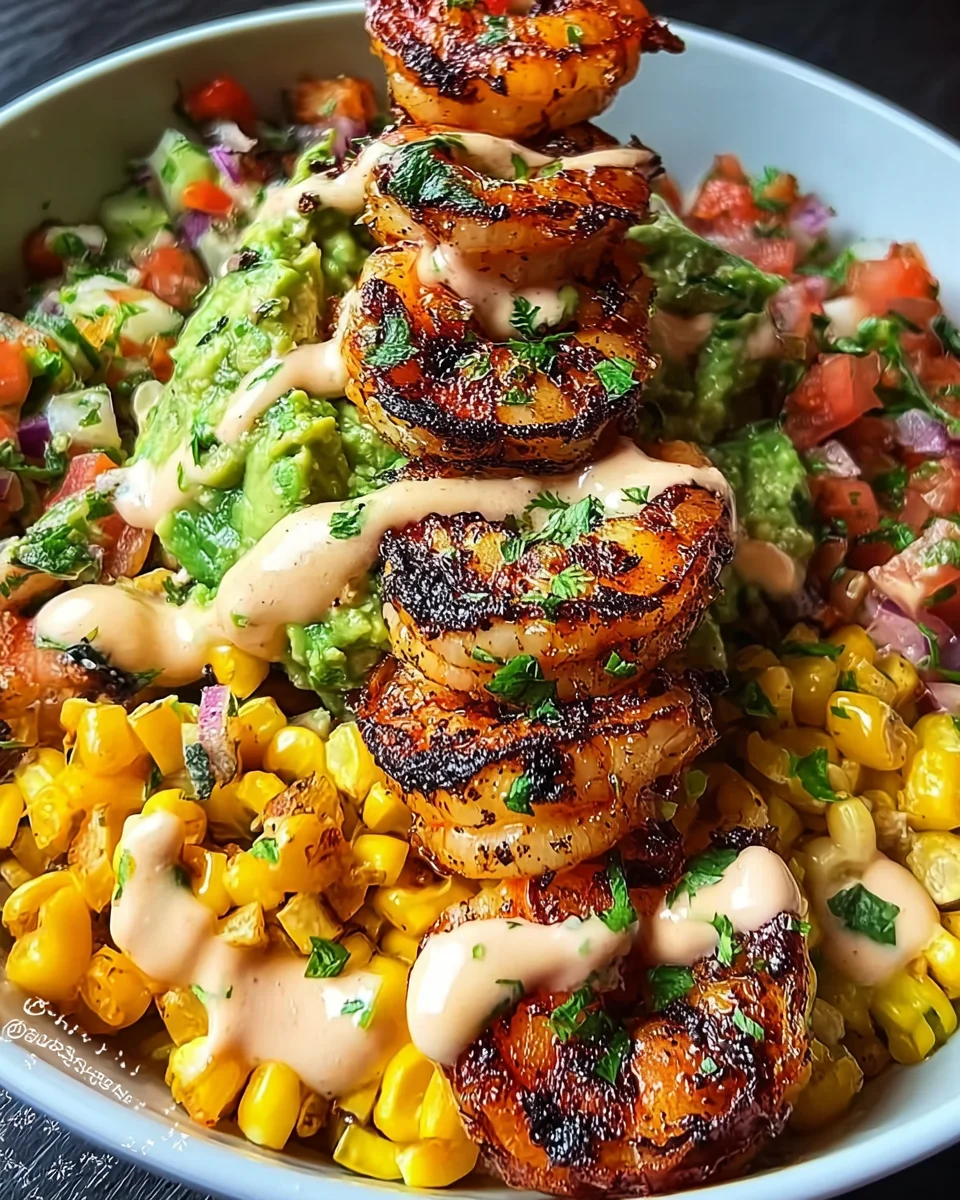 Grilled Shrimp Bowl with Avocado, Corn Salsa & Creamy Sauce