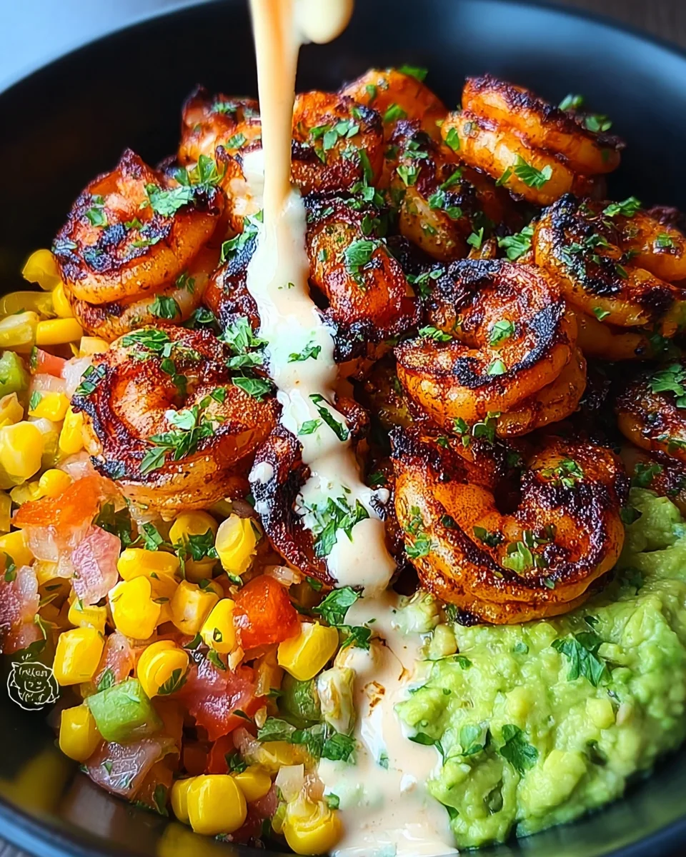 Grilled Shrimp Bowl with Avocado, Corn Salsa & Creamy Sauce 32 Grilled