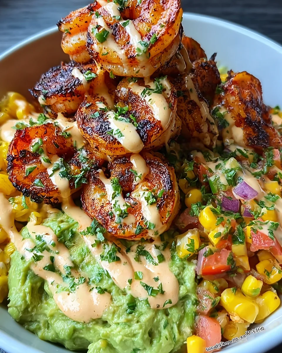 Grilled Shrimp Bowl with Avocado, Corn Salsa & Creamy Sauce 33 Grilled
