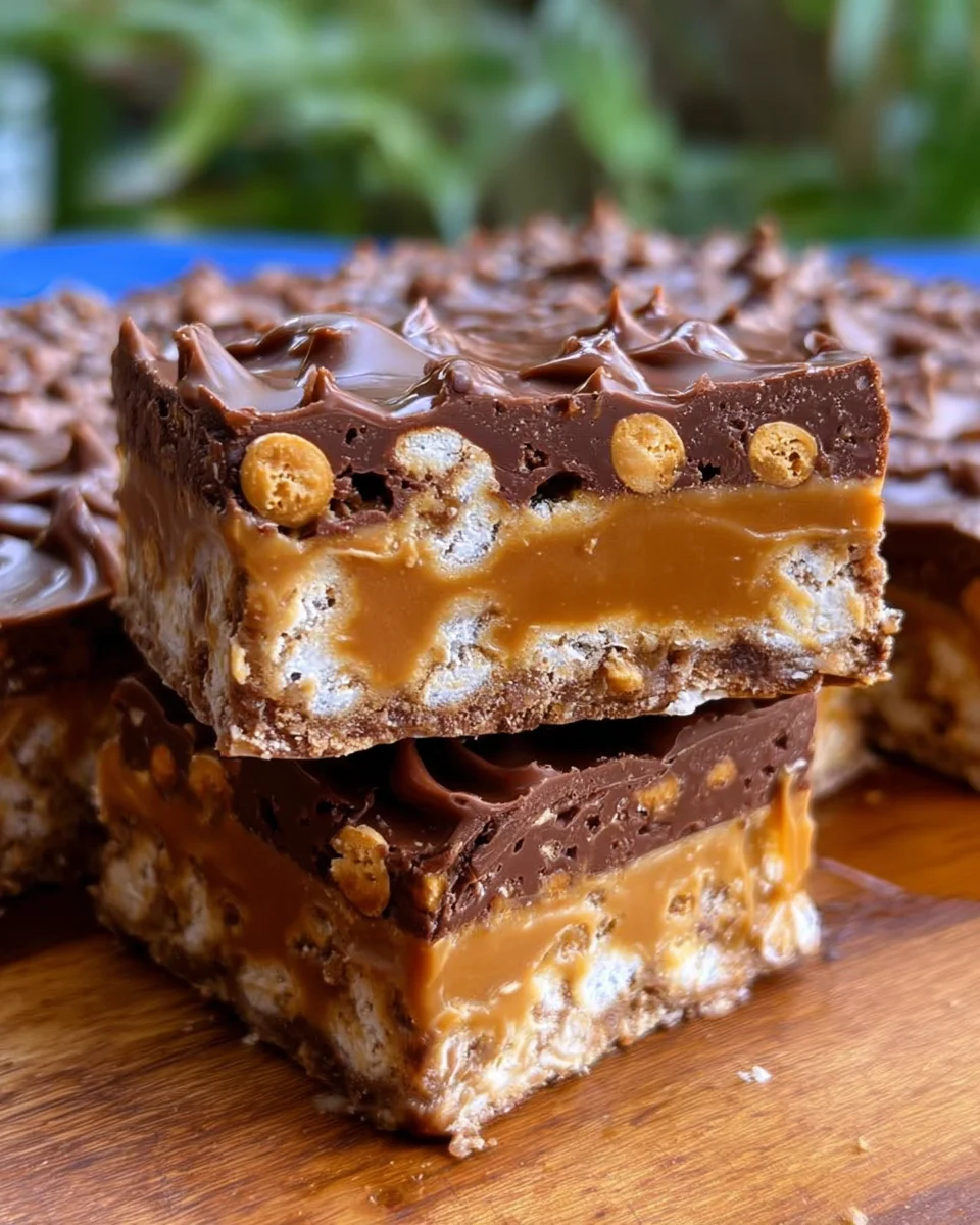 No Bake Crispy Snickers Bars