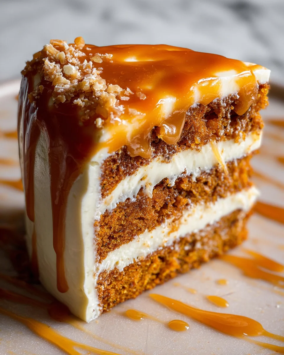 Pumpkin Cake with Cream Cheese Frosting and Salted Caramel Drizzle