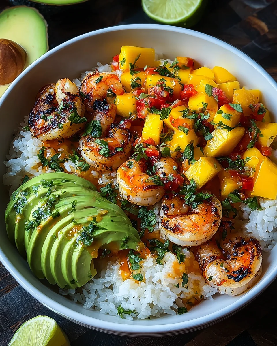 Shrimp and Avocado Bowls with Mango Salsa & Lime-Chili Sauce