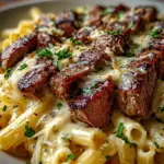 Steak and Creamy Garlic Parmesan Pasta