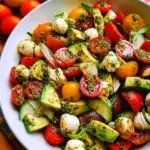 Tomato Cucumber Avocado Salad with Mozzarella and Basil Pesto