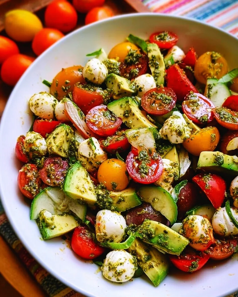 Tomato Cucumber Avocado Salad with Mozzarella and Basil Pesto